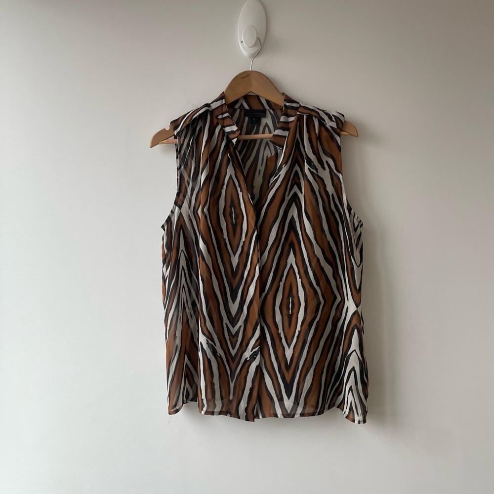Worthington Sheer Brown Animal Print V-Neck Blouse - size L
